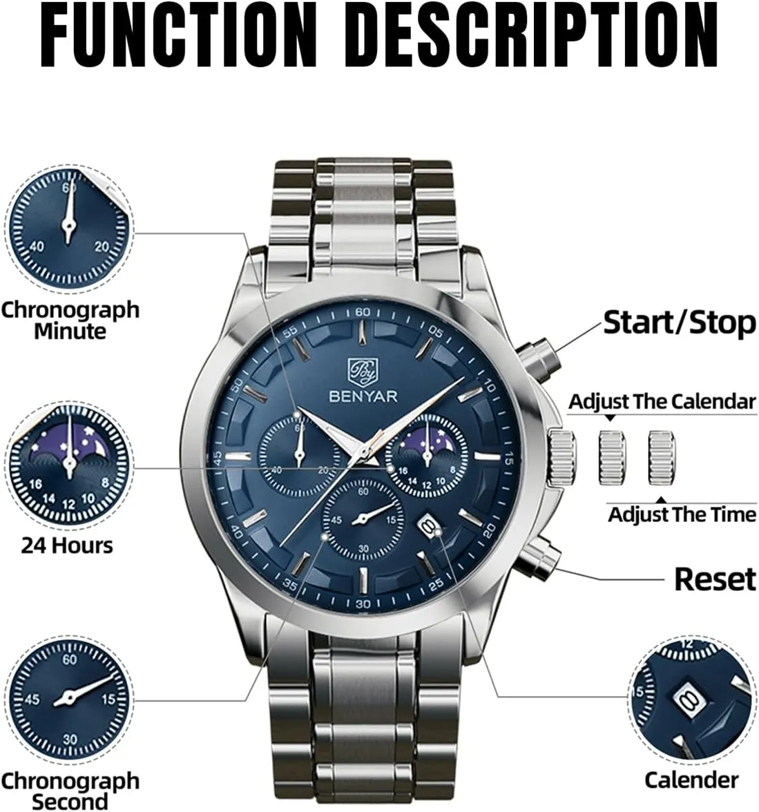 BY BENYAR Watches for Men Analog Watch Mens Watches Waterproof Watch Silver Watch Quartz Chronograph Date Men's Wrist Watches Stainless Steel Casual Luxury Gifts for Men Unique Mens Dress Watch
