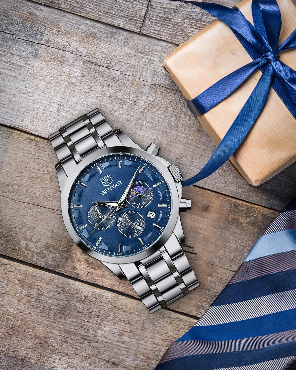 BY BENYAR Watches for Men Analog Watch Mens Watches Waterproof Watch Silver Watch Quartz Chronograph Date Men's Wrist Watches Stainless Steel Casual Luxury Gifts for Men Unique Mens Dress Watch