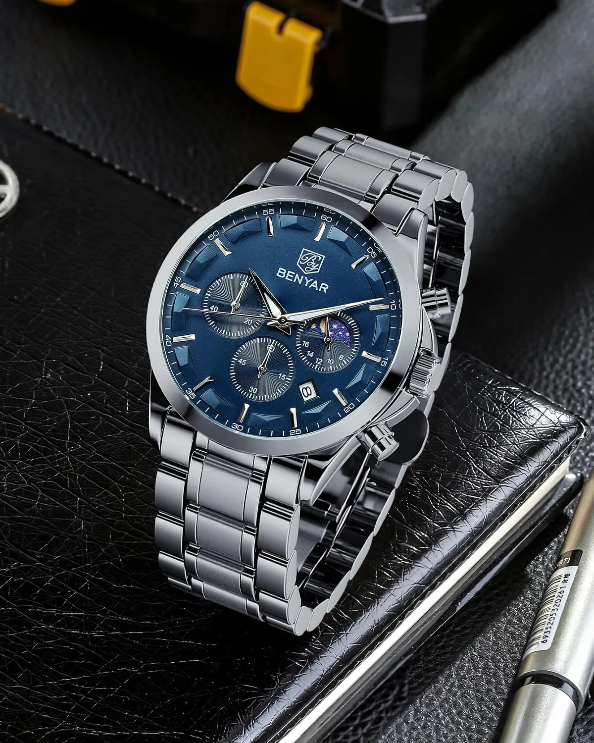 BY BENYAR Watches for Men Analog Watch Mens Watches Waterproof Watch Silver Watch Quartz Chronograph Date Men's Wrist Watches Stainless Steel Casual Luxury Gifts for Men Unique Mens Dress Watch