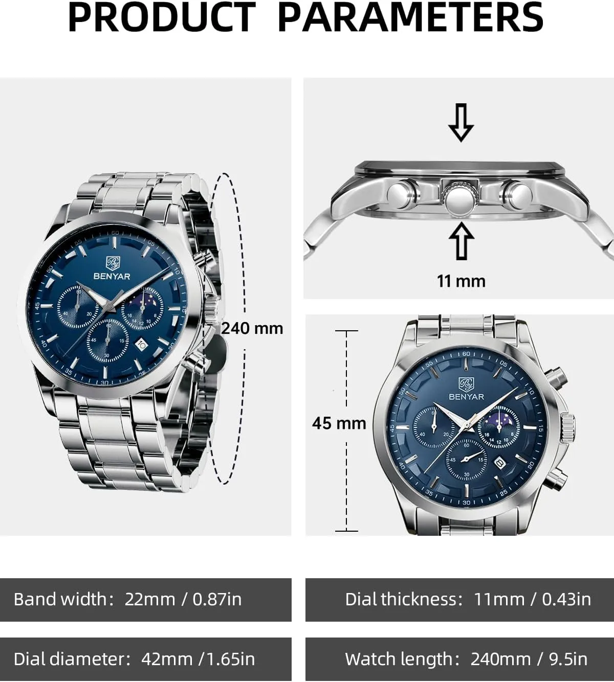 BY BENYAR Watches for Men Analog Watch Mens Watches Waterproof Watch Silver Watch Quartz Chronograph Date Men's Wrist Watches Stainless Steel Casual Luxury Gifts for Men Unique Mens Dress Watch