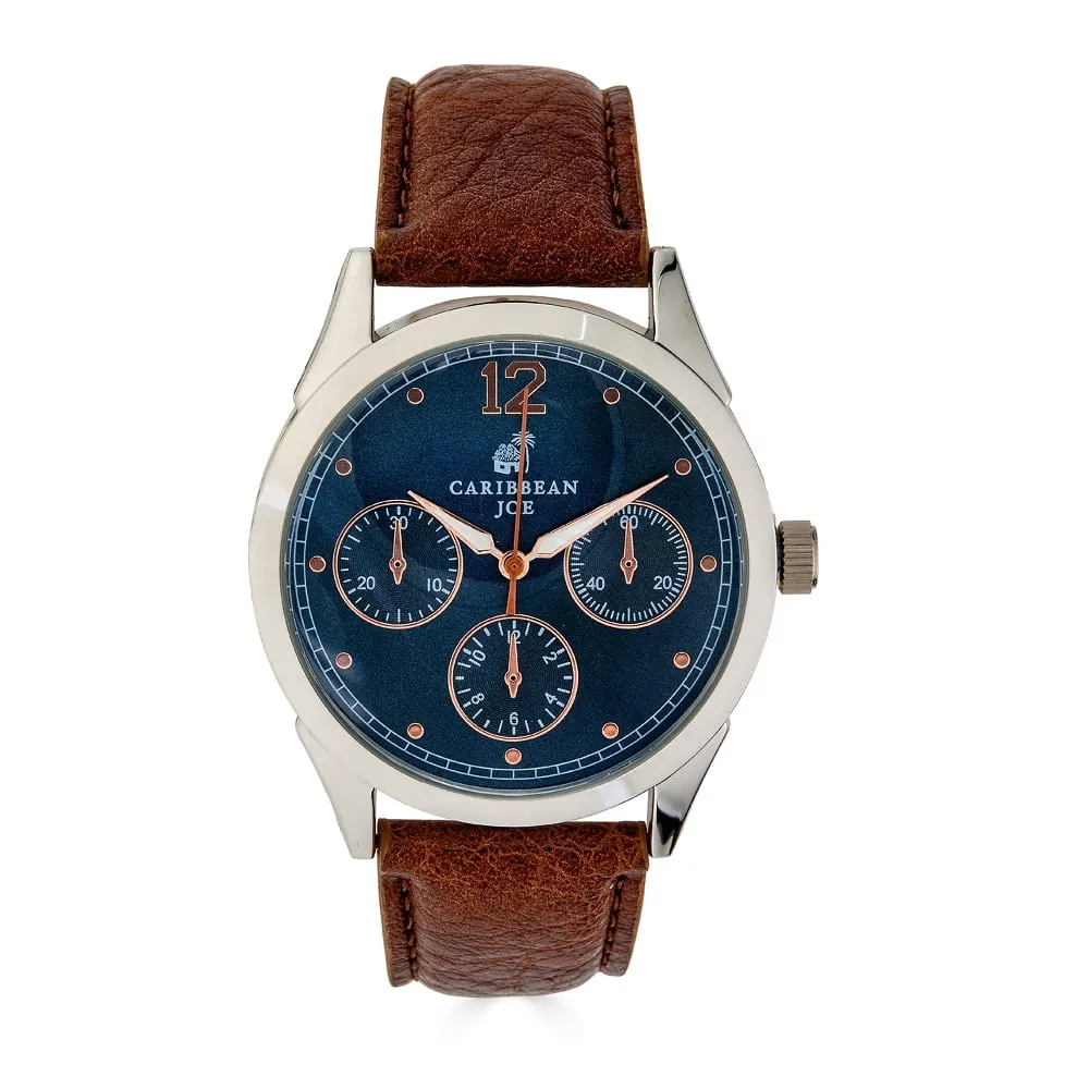 Caribbean Joe 42mm Silver Tone Men's Brown Smooth Strap Watch