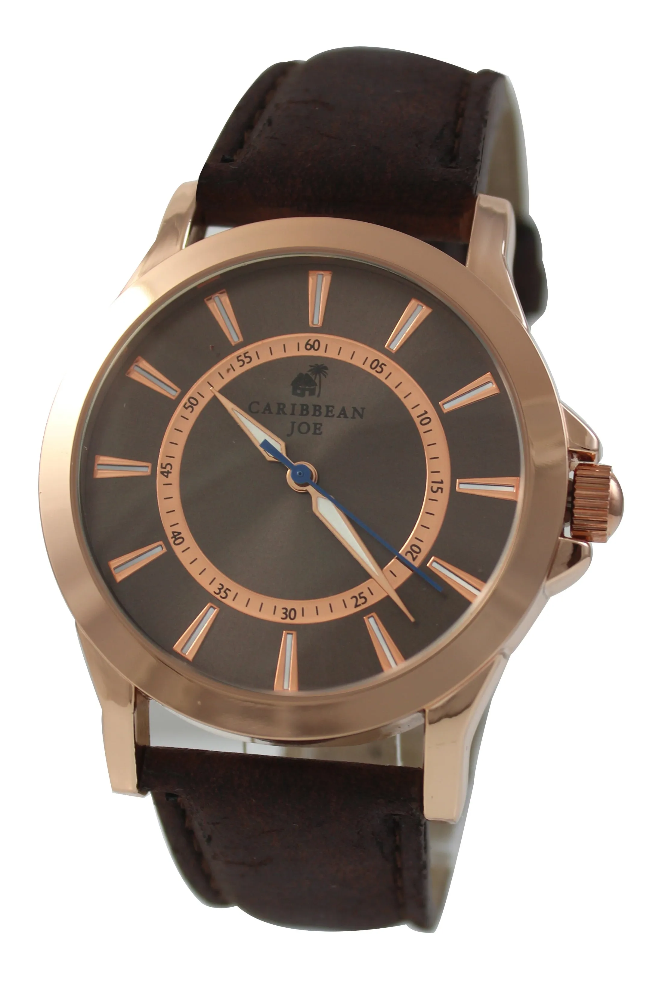 Caribbean Joe 42mm Silver Tone Men's Brown Smooth Strap Watch