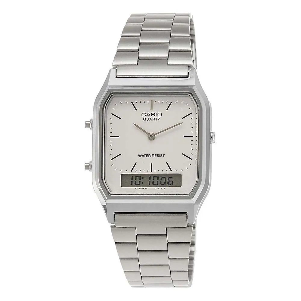 Casio Men's Off White Dial Silver Stainless Steel Band Quartz Watch - AQ-230A-7DMQ