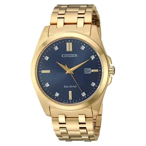 Citizen Mens Eco-drive Corso Blue Dial Gold Band Diamond Accents Stainless Steel Japanese Quartz Watch - BM7103-51L