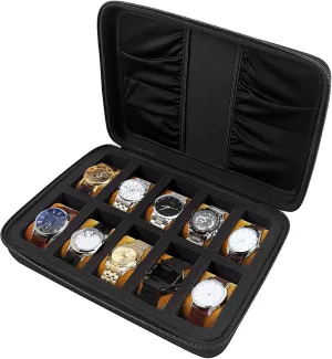 COMECASE 10 Slots Watch Box Organizer/Men Watch Display Storage Case Fits All Wristwatches and Smart Watches up to 42mm with Extra 4 Pocket for Watch Band and Other Accessories (Black)