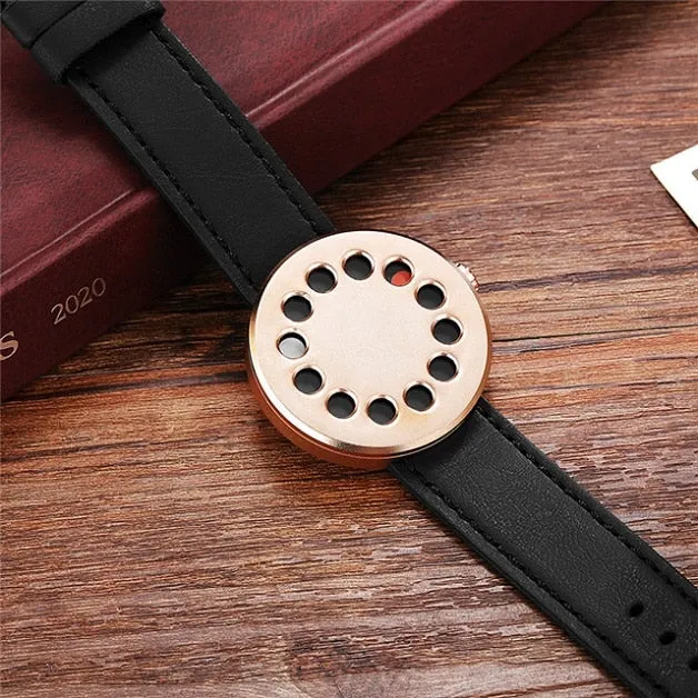 Creative Turntable Unique Dial Black Leather Band Men Watch
