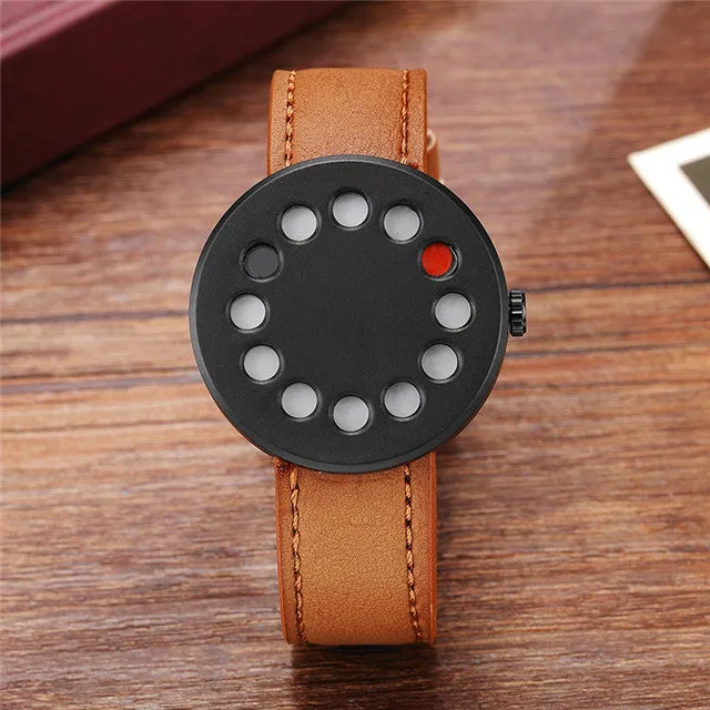 Creative Turntable Unique Dial Black Leather Band Men Watch