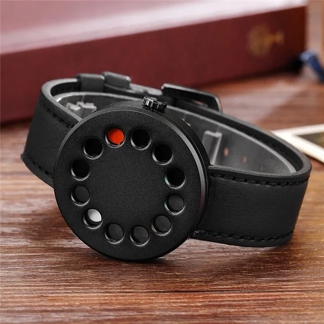 Creative Turntable Unique Dial Black Leather Band Men Watch