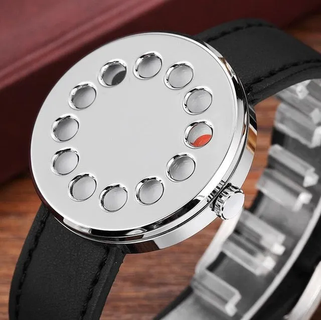 Creative Turntable Unique Dial Black Leather Band Men Watch