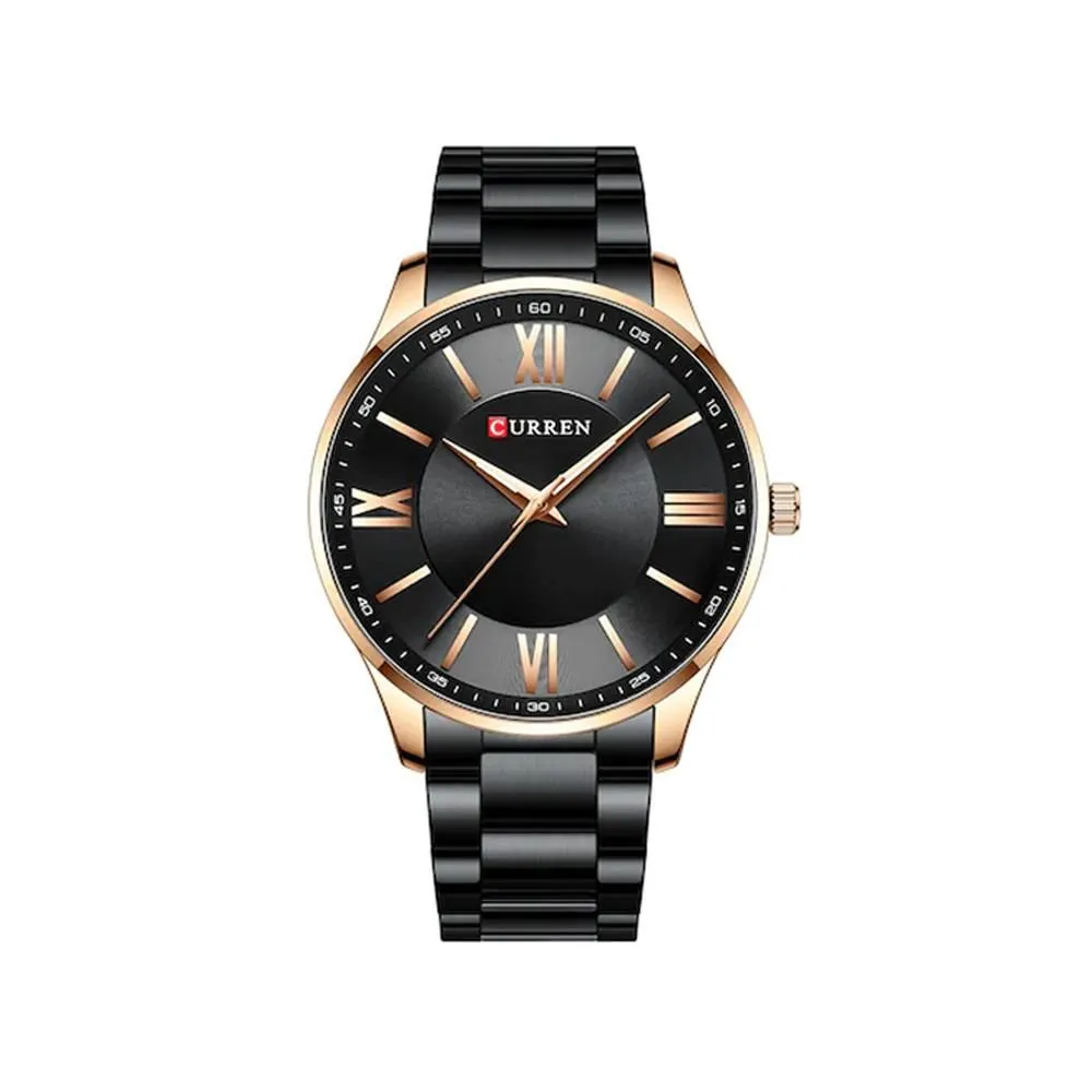 Curren-  Stainless Steel Simple & Classic Thin Quartz Business Watch- 8383- Black Rose