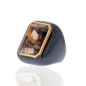 David Webb 18K Yellow Gold Black Enamel and Smoky Quartz Ring ASC5596