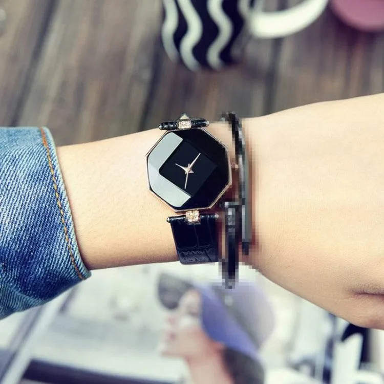 Elegant Gemstone-Inspired Leather Quartz Watch for Women