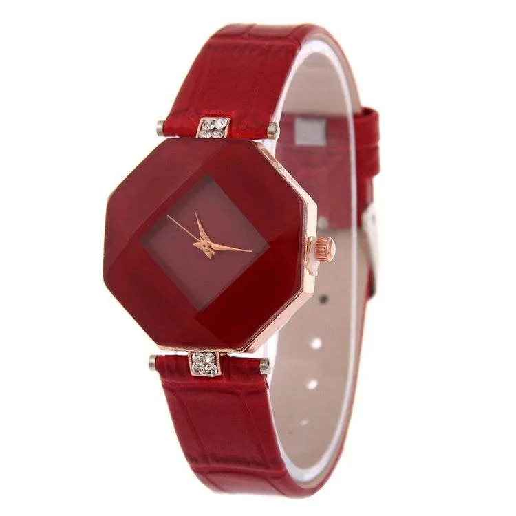 Elegant Gemstone-Inspired Leather Quartz Watch for Women