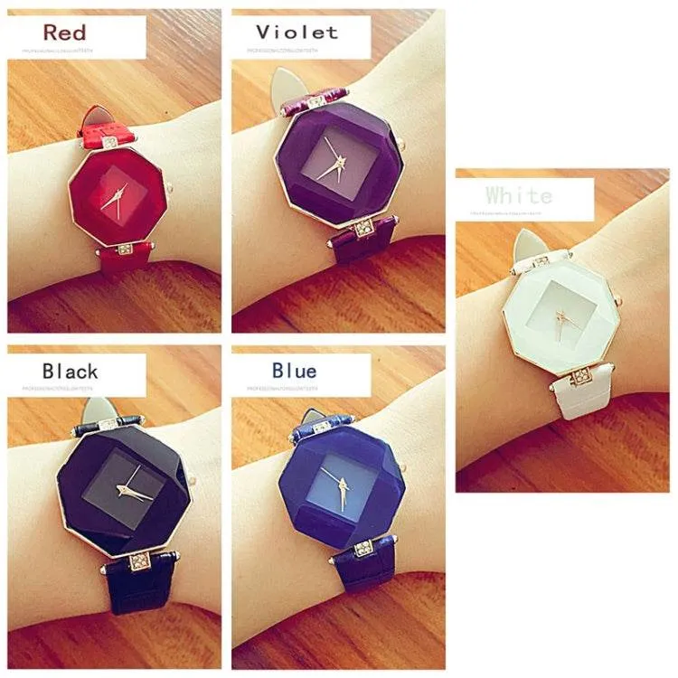 Elegant Gemstone-Inspired Leather Quartz Watch for Women