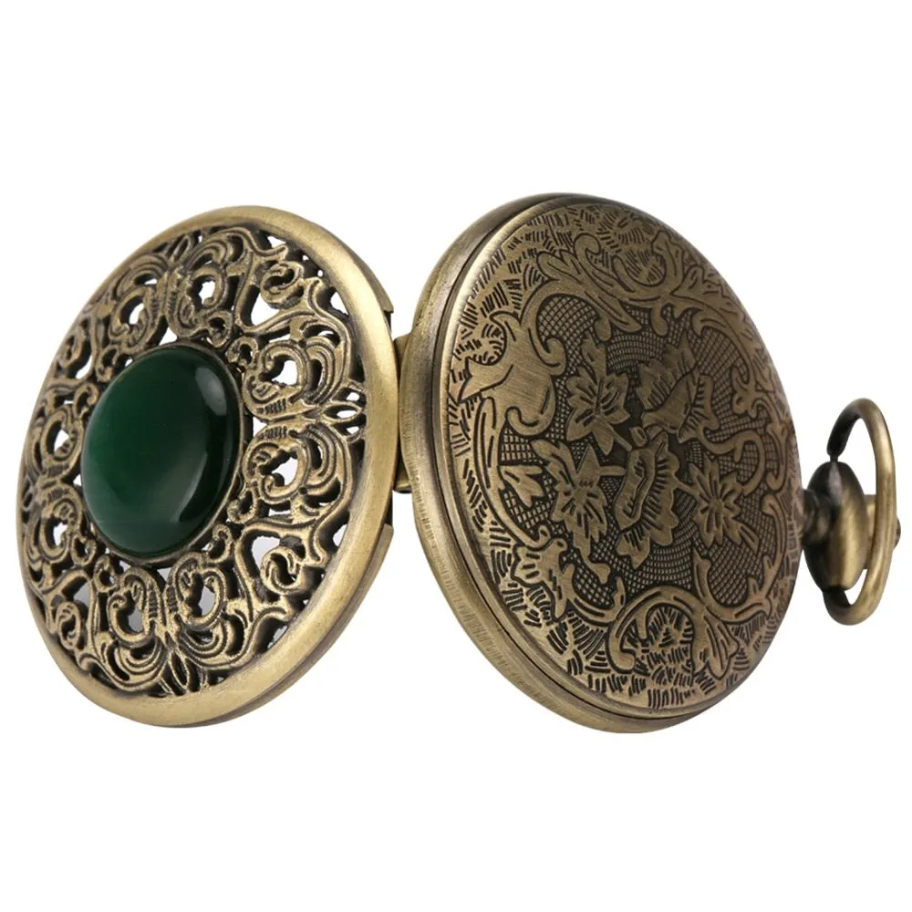 Exquisite  Stone Bronze Case Quartz Pocket Watch