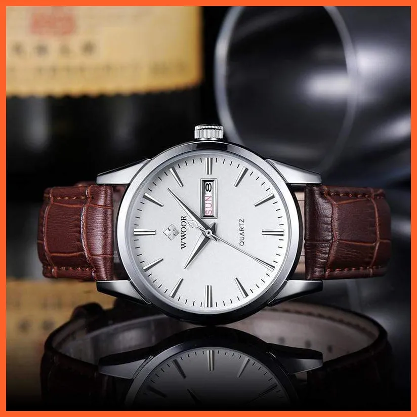 Famous Brand Luxury Sports Business Mens Watch Day Date Analog Quartz Watches Male Brown Leather Casual Wristwatch