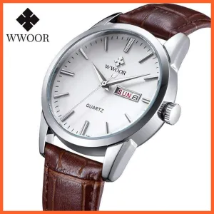 Famous Brand Luxury Sports Business Mens Watch Day Date Analog Quartz Watches Male Brown Leather Casual Wristwatch