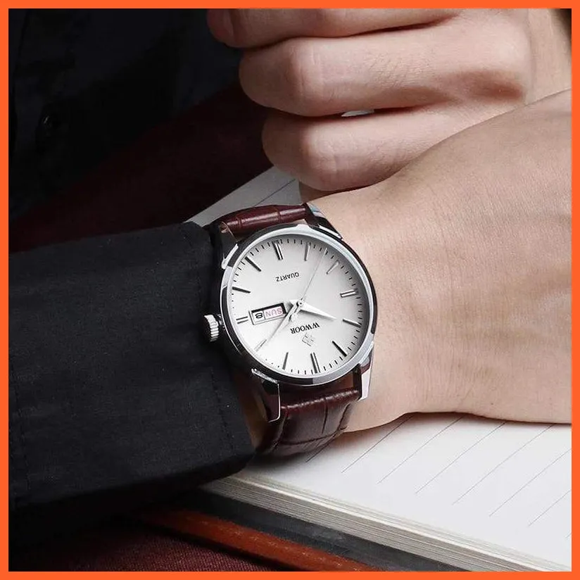 Famous Brand Luxury Sports Business Mens Watch Day Date Analog Quartz Watches Male Brown Leather Casual Wristwatch