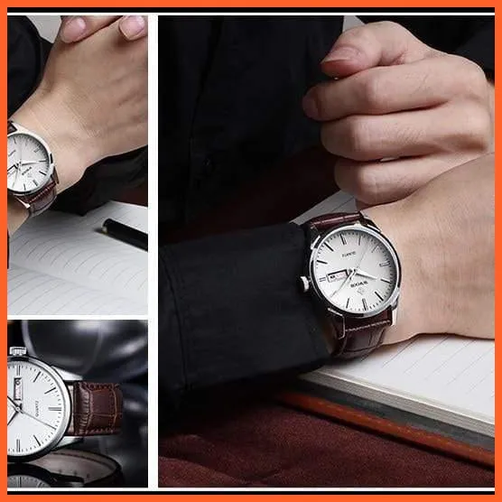 Famous Brand Luxury Sports Business Mens Watch Day Date Analog Quartz Watches Male Brown Leather Casual Wristwatch