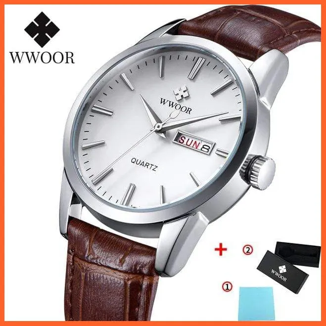 Famous Brand Luxury Sports Business Mens Watch Day Date Analog Quartz Watches Male Brown Leather Casual Wristwatch
