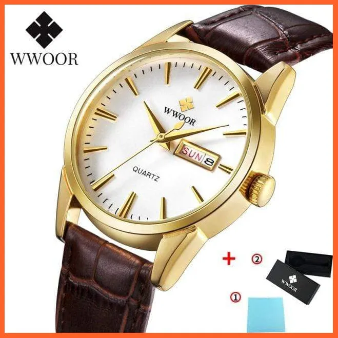 Famous Brand Luxury Sports Business Mens Watch Day Date Analog Quartz Watches Male Brown Leather Casual Wristwatch