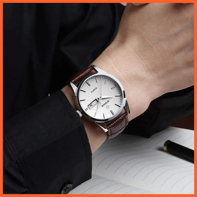 Famous Brand Luxury Sports Business Mens Watch Day Date Analog Quartz Watches Male Brown Leather Casual Wristwatch