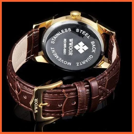 Famous Brand Luxury Sports Business Mens Watch Day Date Analog Quartz Watches Male Brown Leather Casual Wristwatch