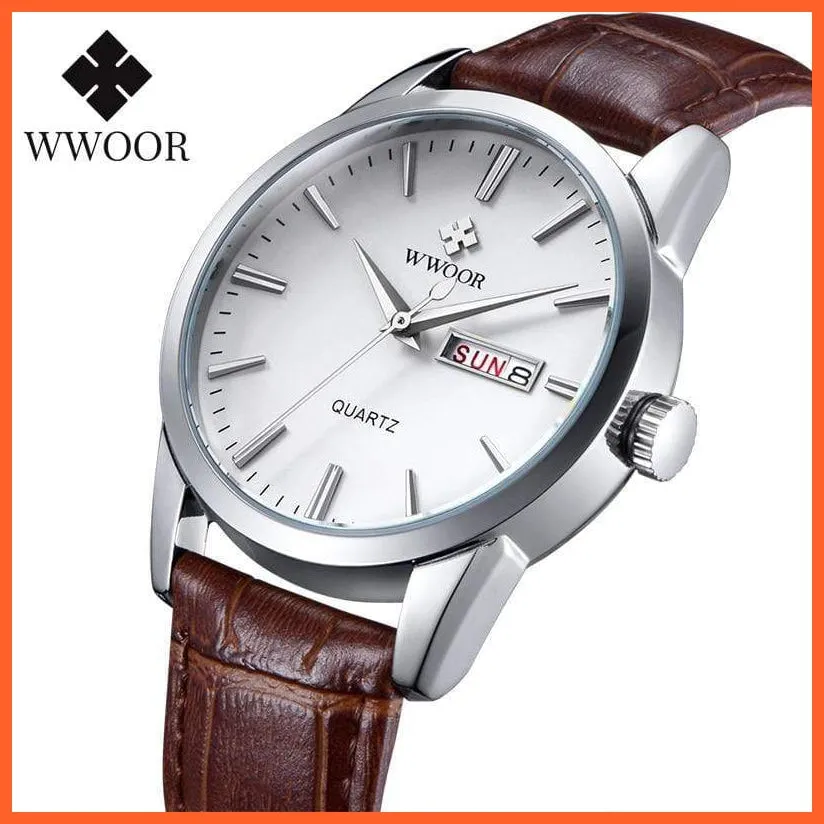 Famous Brand Luxury Sports Business Mens Watch Day Date Analog Quartz Watches Male Brown Leather Casual Wristwatch
