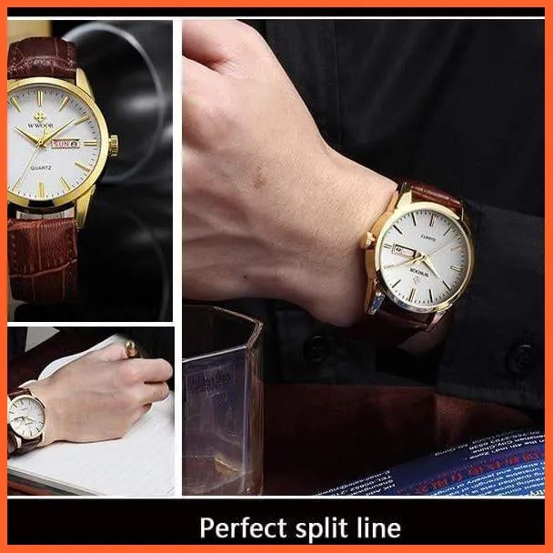Famous Brand Luxury Sports Business Mens Watch Day Date Analog Quartz Watches Male Brown Leather Casual Wristwatch