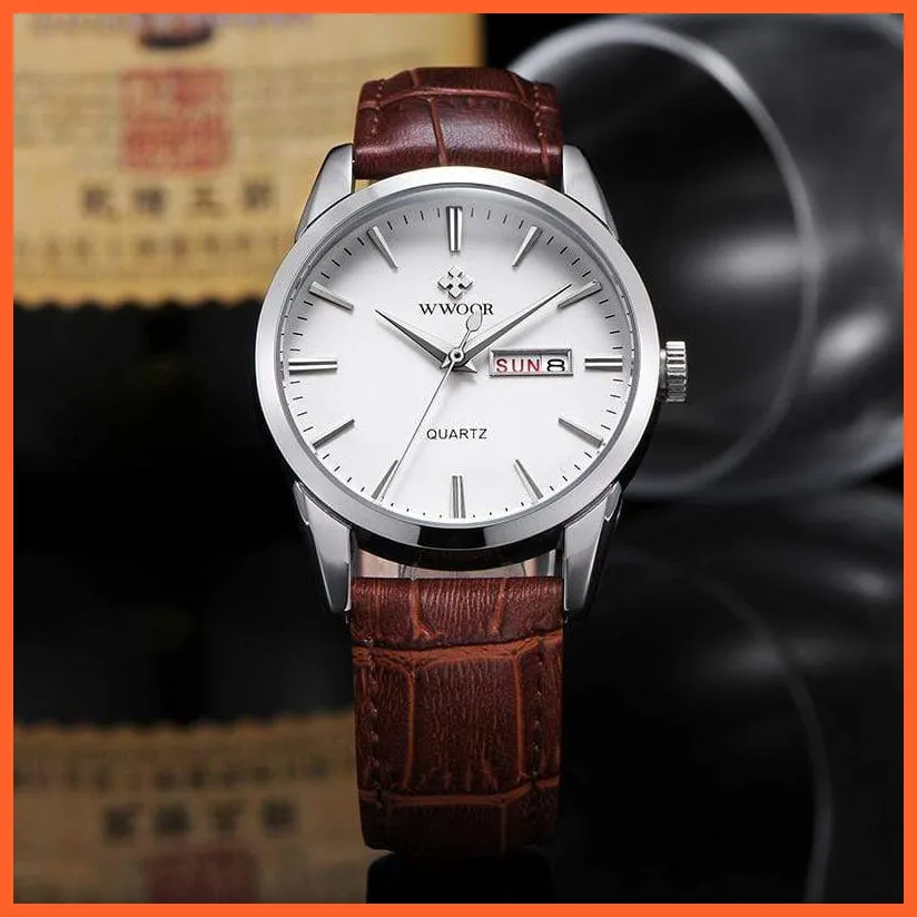 Famous Brand Luxury Sports Business Mens Watch Day Date Analog Quartz Watches Male Brown Leather Casual Wristwatch