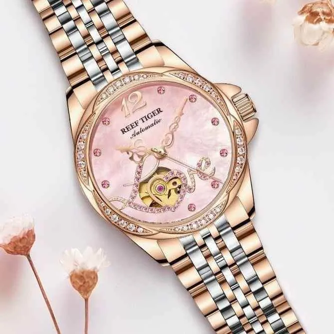 Flower Love Heart Simple Watches For Women's GSCW1659 Luxury Rose Golden Band
