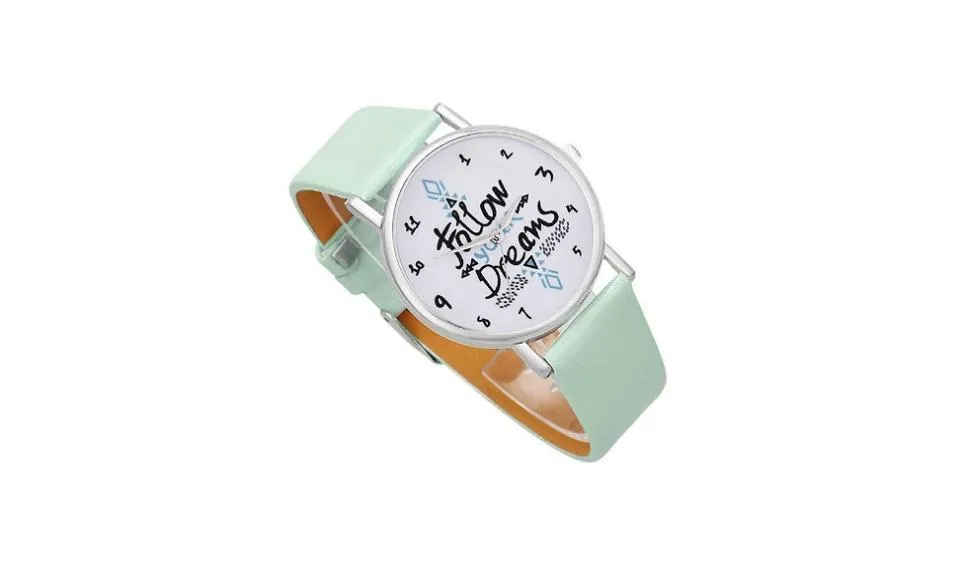 Follow your Dreams Words Pattern Leather Watch Fashion Green Strap Quartz Wristwatches