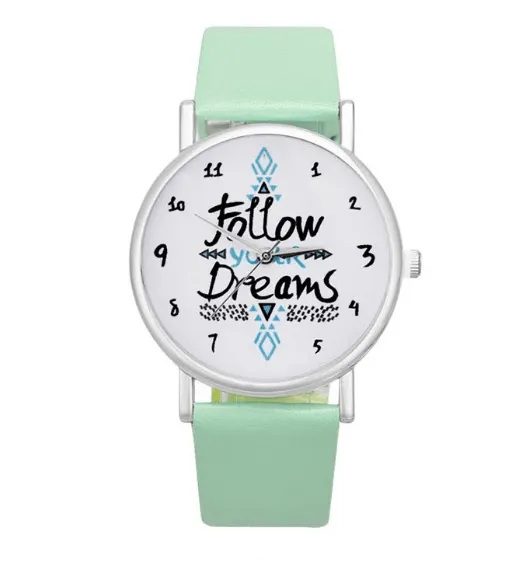 Follow your Dreams Words Pattern Leather Watch Fashion Green Strap Quartz Wristwatches