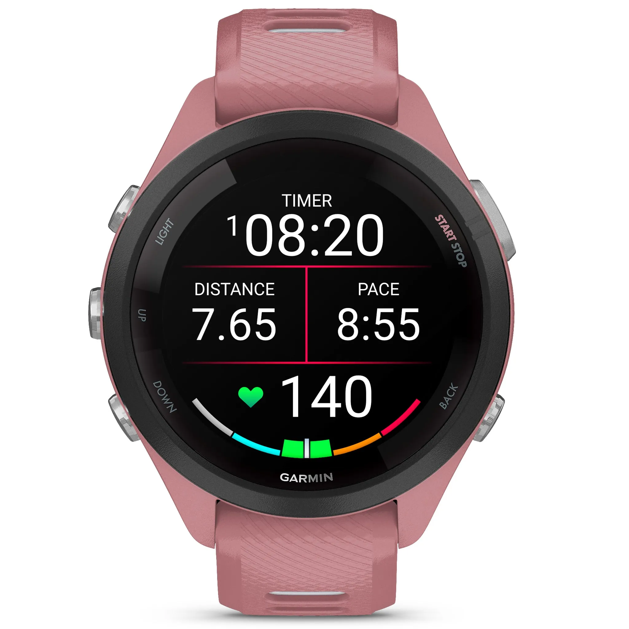 Garmin Forerunner 265S Black Bezel with Light Pink Case and Light Pink Powder Grey Silicone Band