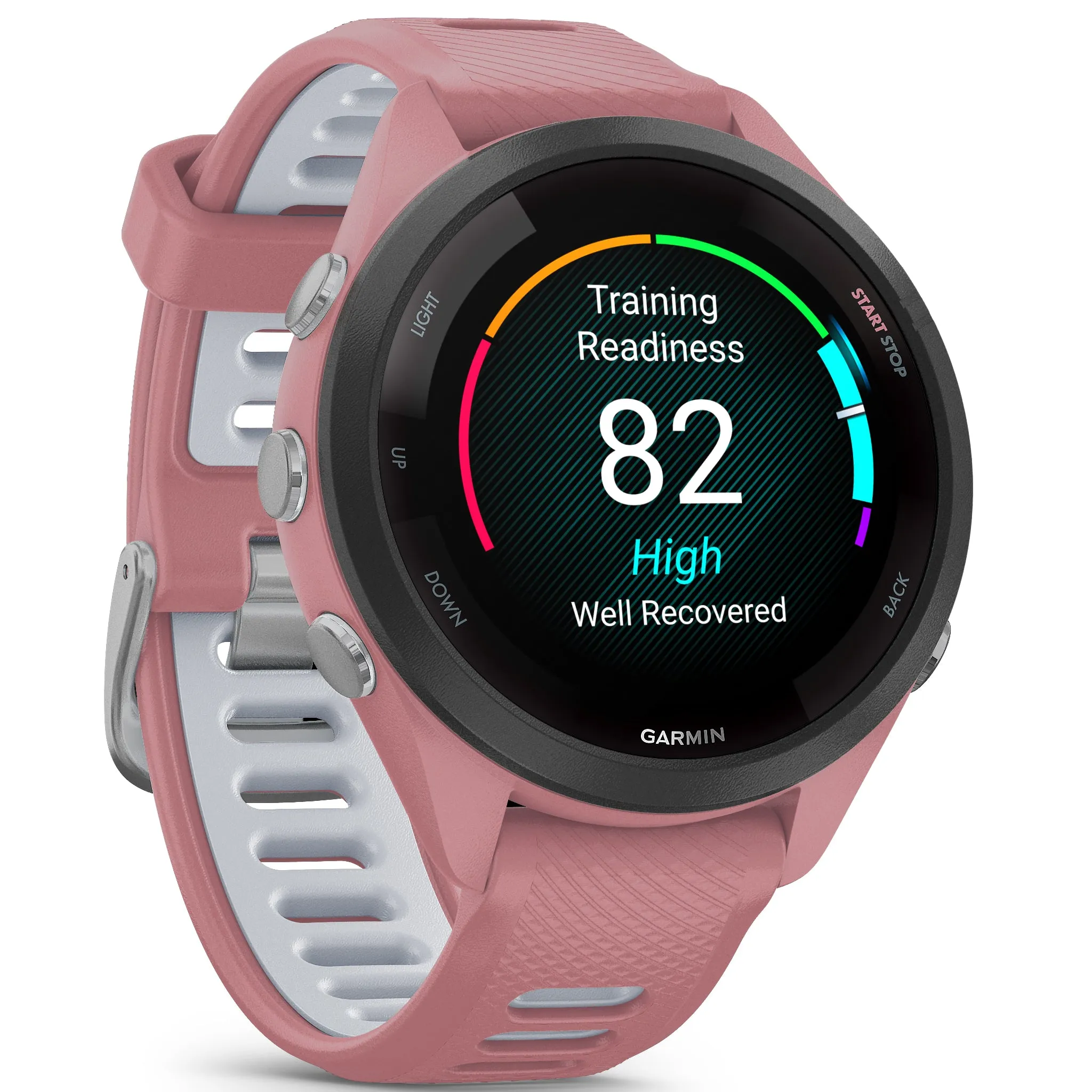 Garmin Forerunner 265S Black Bezel with Light Pink Case and Light Pink Powder Grey Silicone Band