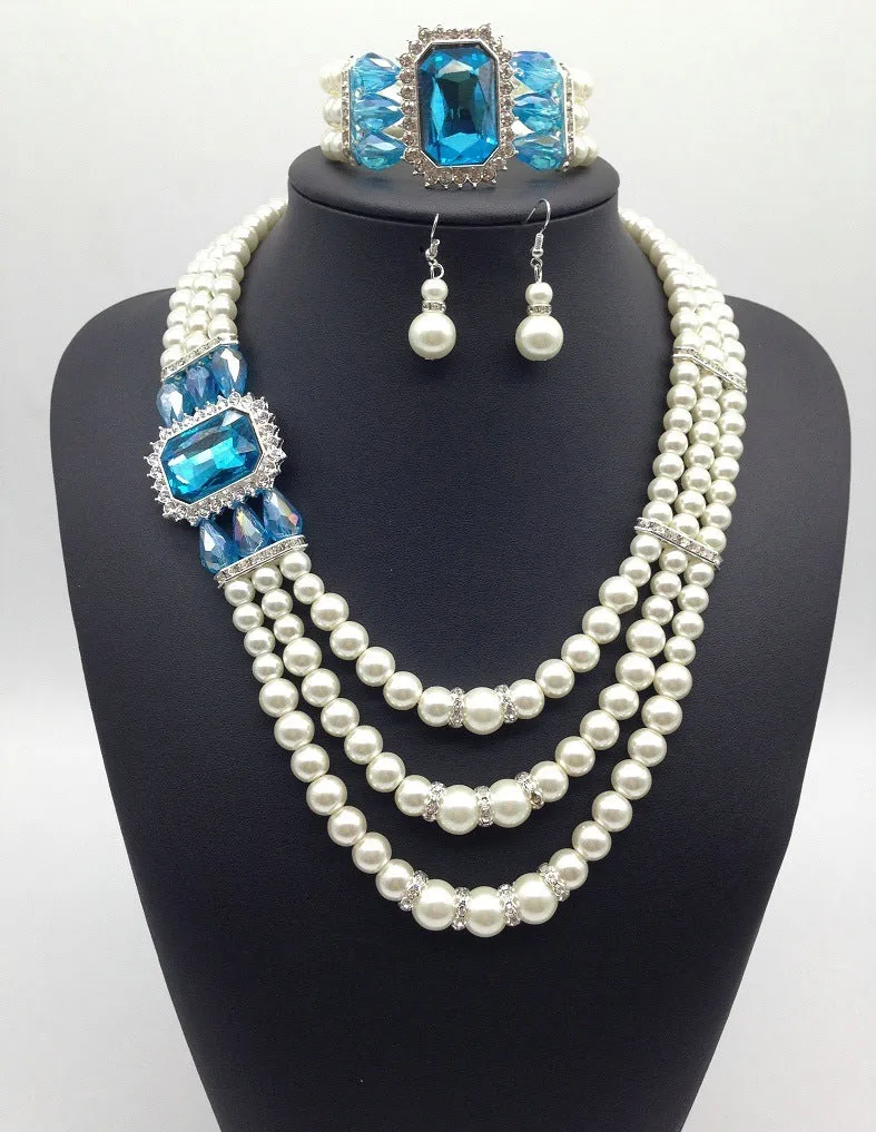 Gemstone Pearl Necklace Earrings Jewelry  Set