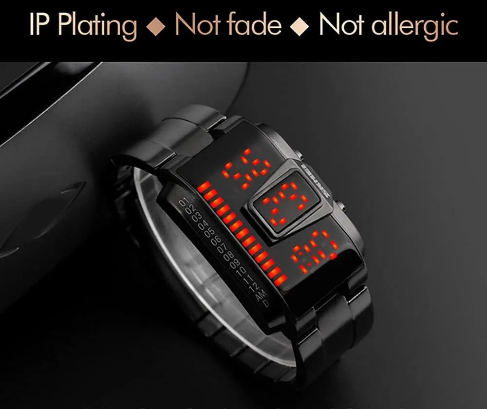 Gosasa Mens Design Binary Watches Unique Led Sports Watch Waterproof Creative Stainless Steel Watches for Men