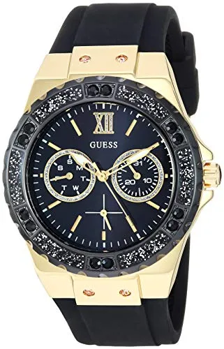 GUESS Gold-Tone Stainless Steel   Black Stain Resistant Watch with Day   Date Functions. Color: Black (Model: U1053L7)