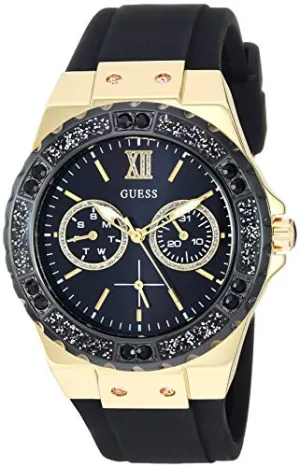 GUESS Gold-Tone Stainless Steel   Black Stain Resistant Watch with Day   Date Functions. Color: Black (Model: U1053L7)