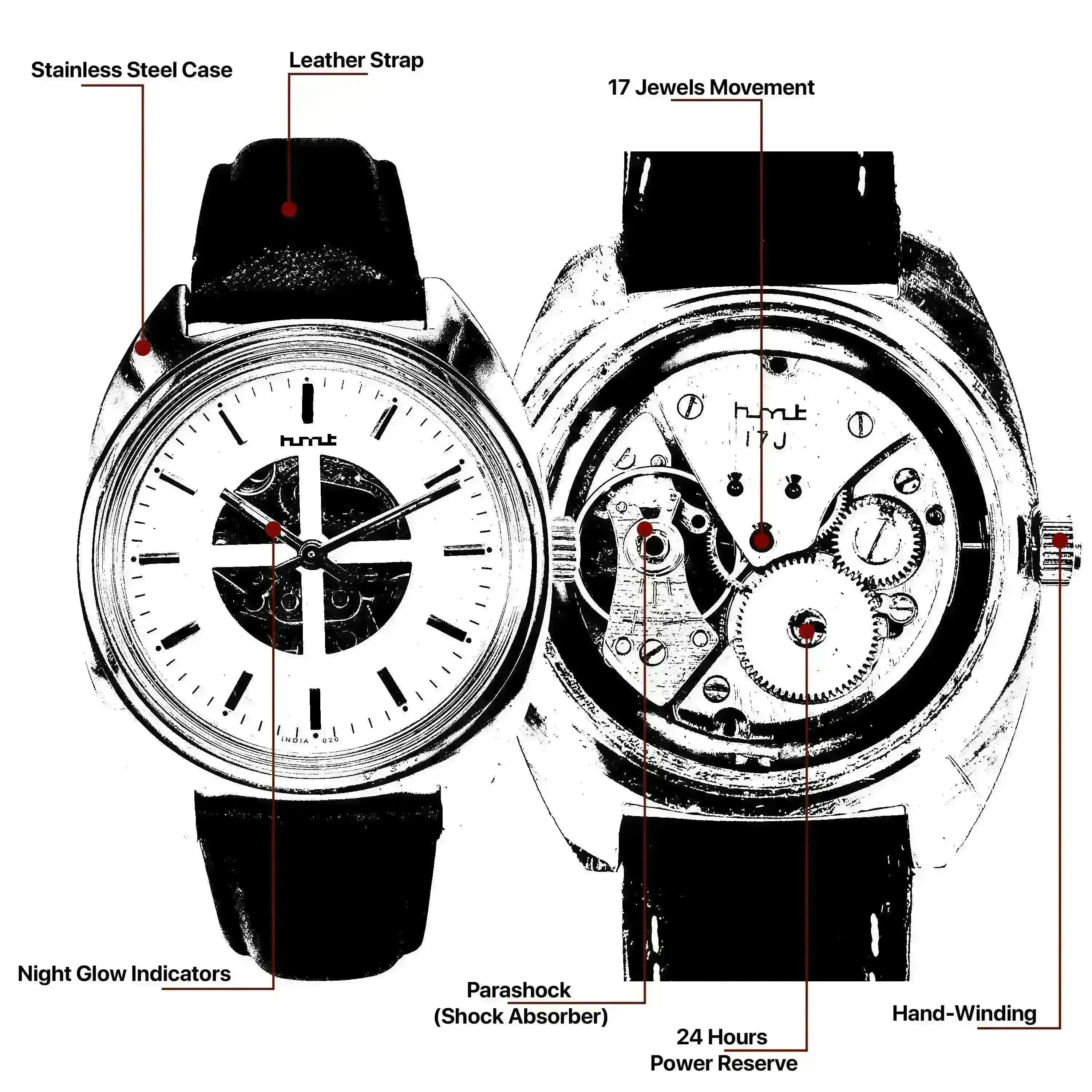 HMT Janata Para Shock 17 Jewels Maroon Red Urdu / Arabic Dial Mechanical Hand winding Men's Wrist Watch