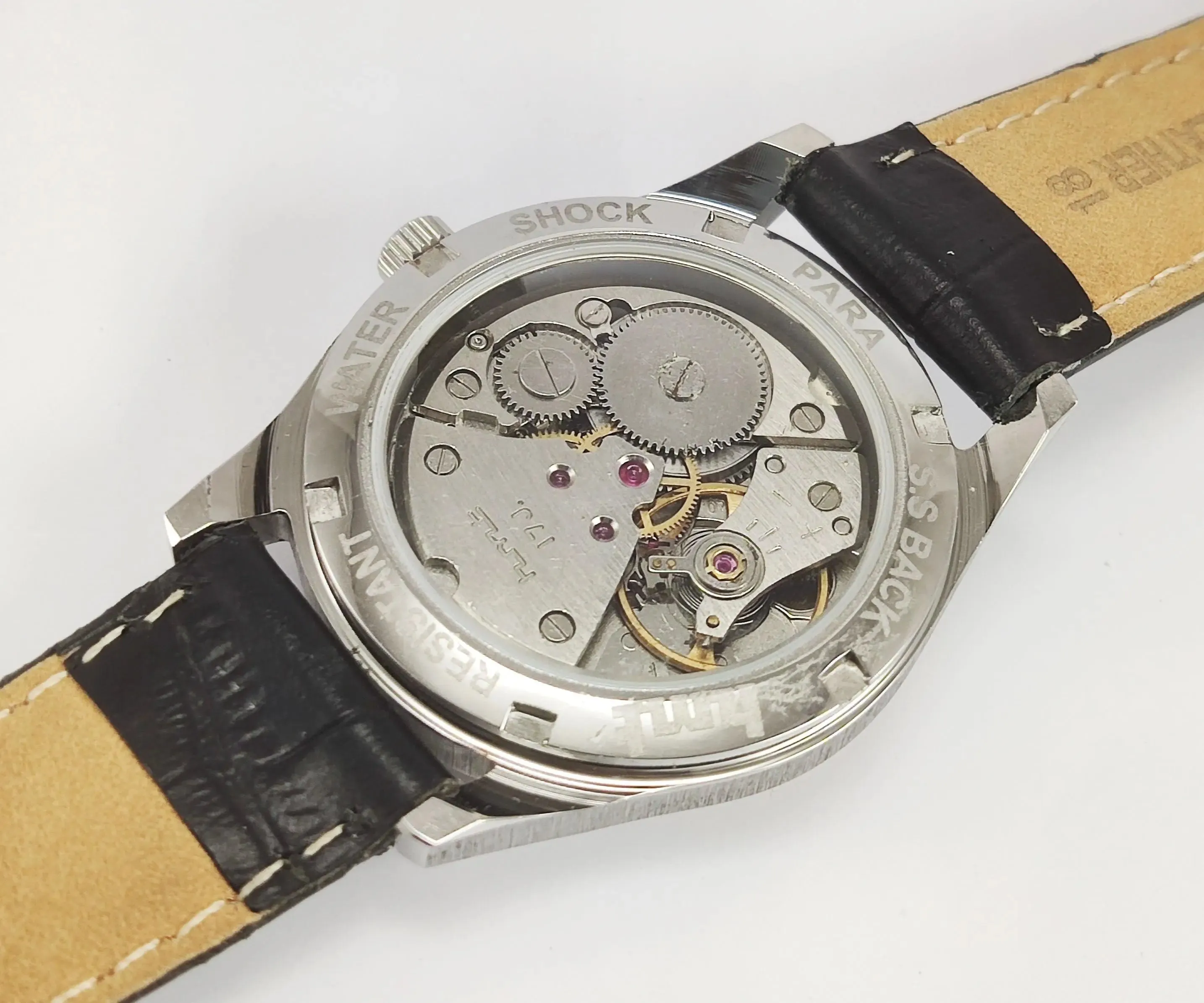HMT Janata Para Shock 17 Jewels Radium Hands Sun Yellow Devanagari Dial Transparent Back Mechanical Hand winding Men's Wrist Watch