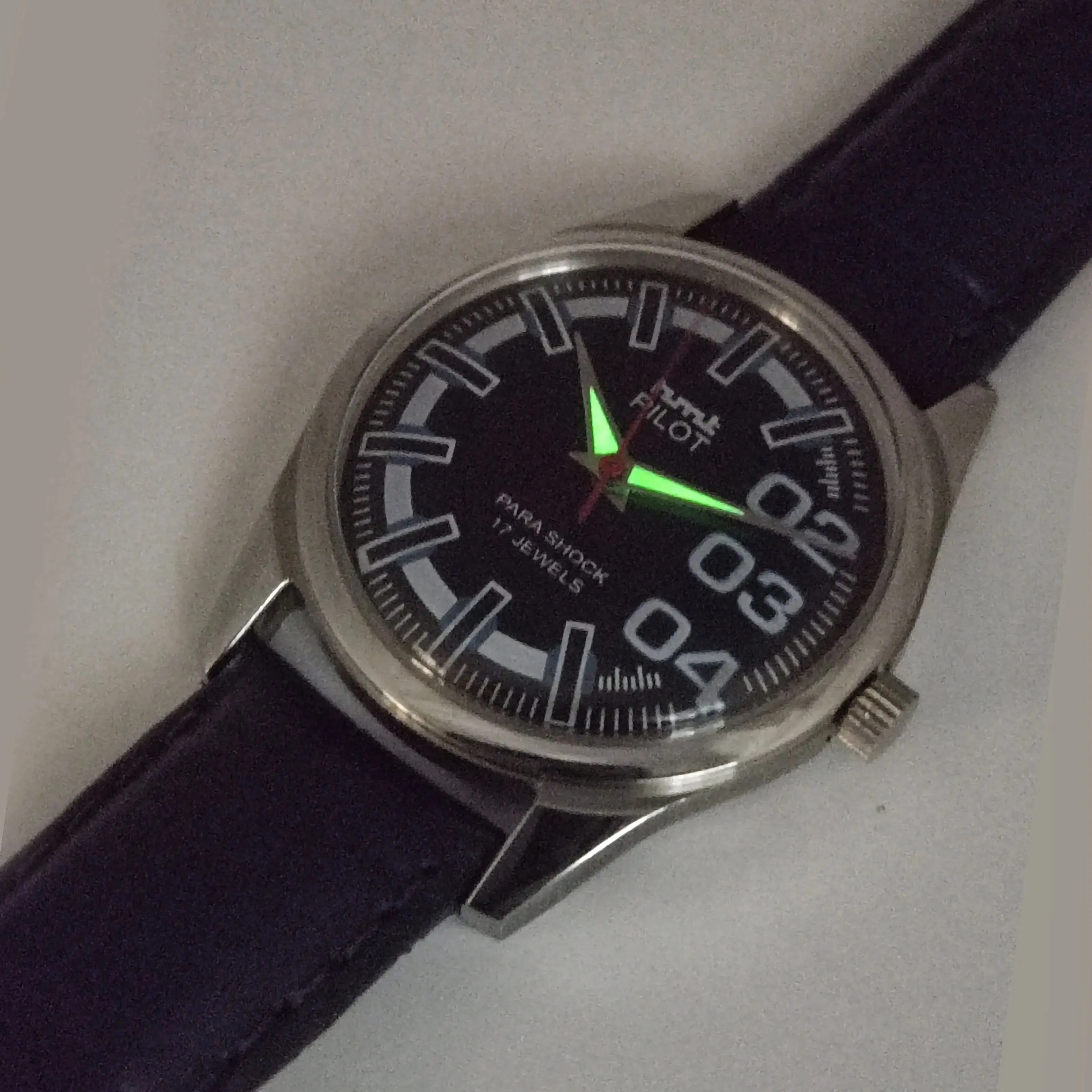 HMT Pilot Para Shock 17 Jewels Black Dial Radium Hands Transparent Back Mechanical Hand winding Men's Wrist Watch