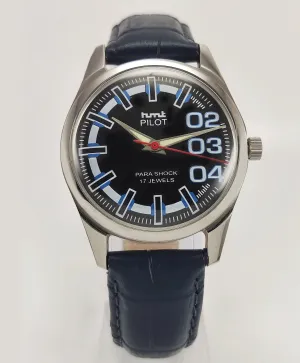 HMT Pilot Para Shock 17 Jewels Black Dial Radium Hands Transparent Back Mechanical Hand winding Men's Wrist Watch
