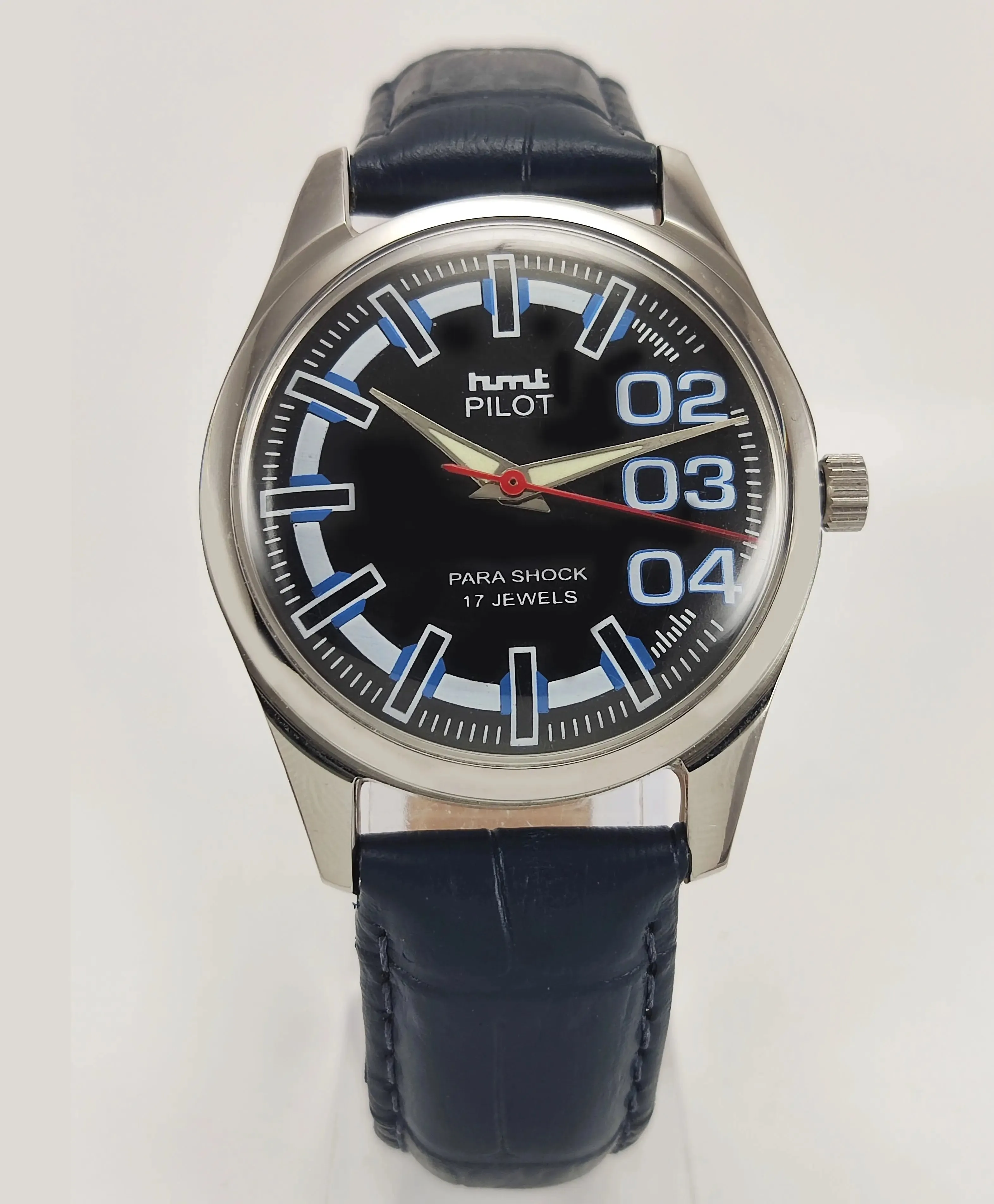 HMT Pilot Para Shock 17 Jewels Black Dial Radium Hands Transparent Back Mechanical Hand winding Men's Wrist Watch