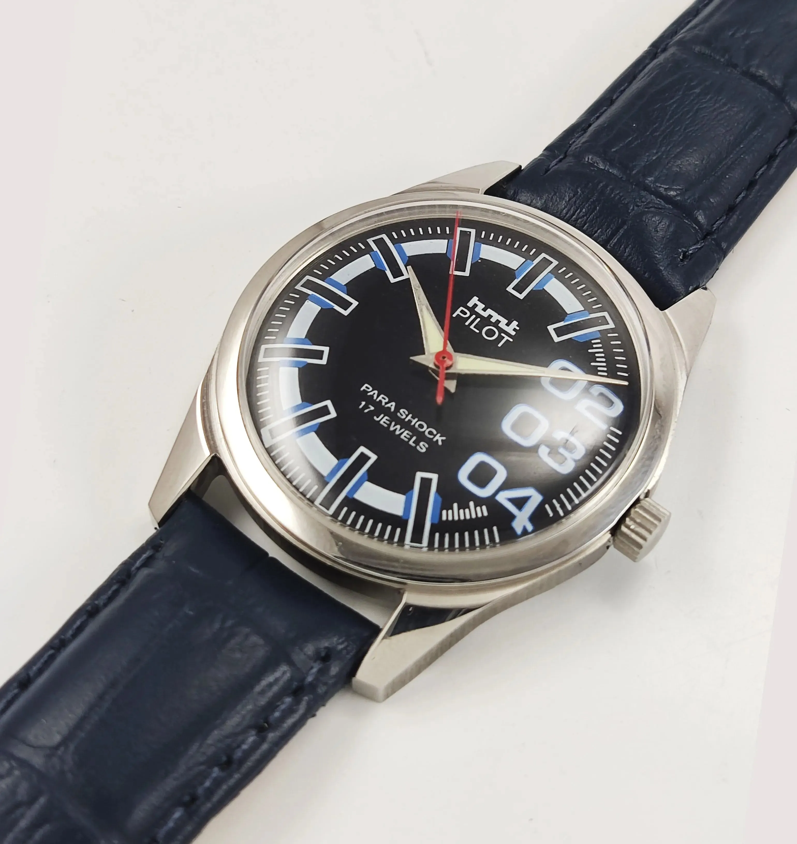 HMT Pilot Para Shock 17 Jewels Black Dial Radium Hands Transparent Back Mechanical Hand winding Men's Wrist Watch