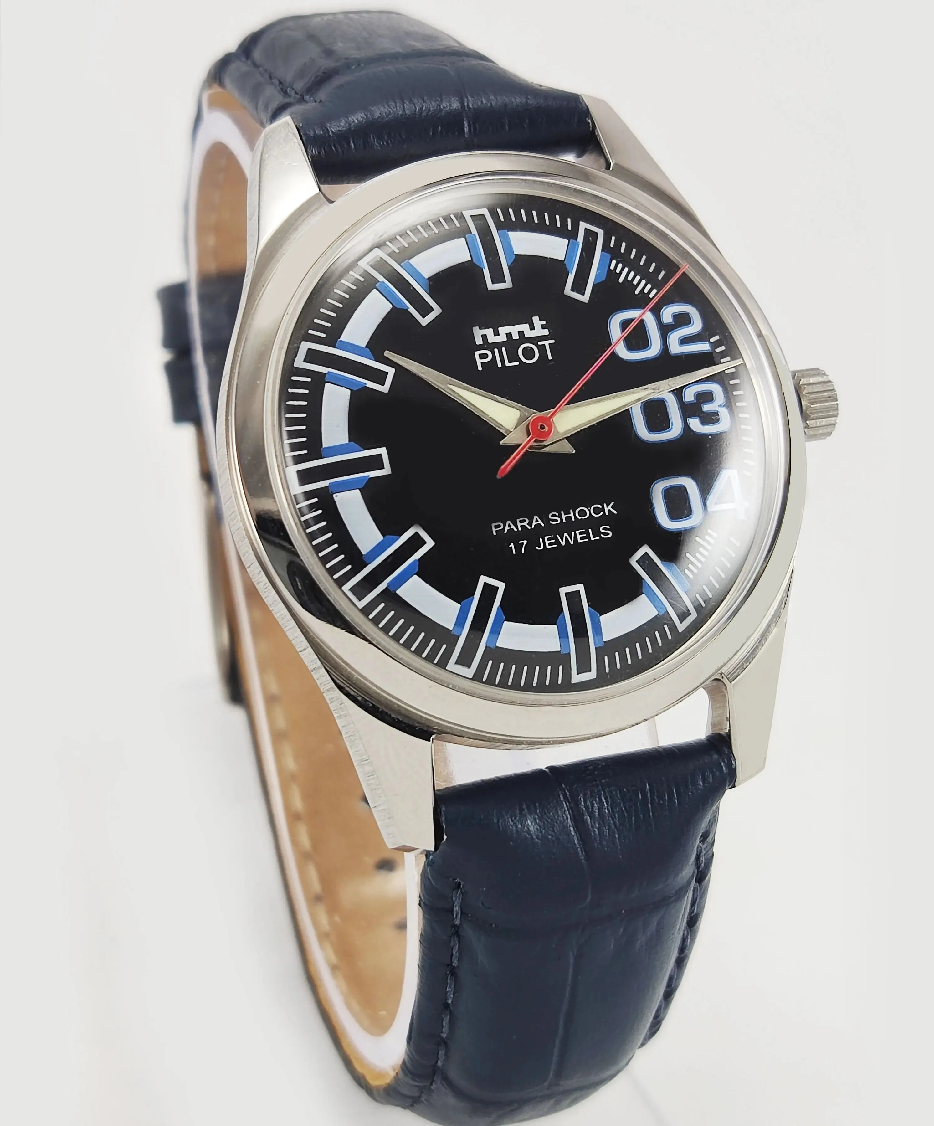 HMT Pilot Para Shock 17 Jewels Black Dial Radium Hands Transparent Back Mechanical Hand winding Men's Wrist Watch