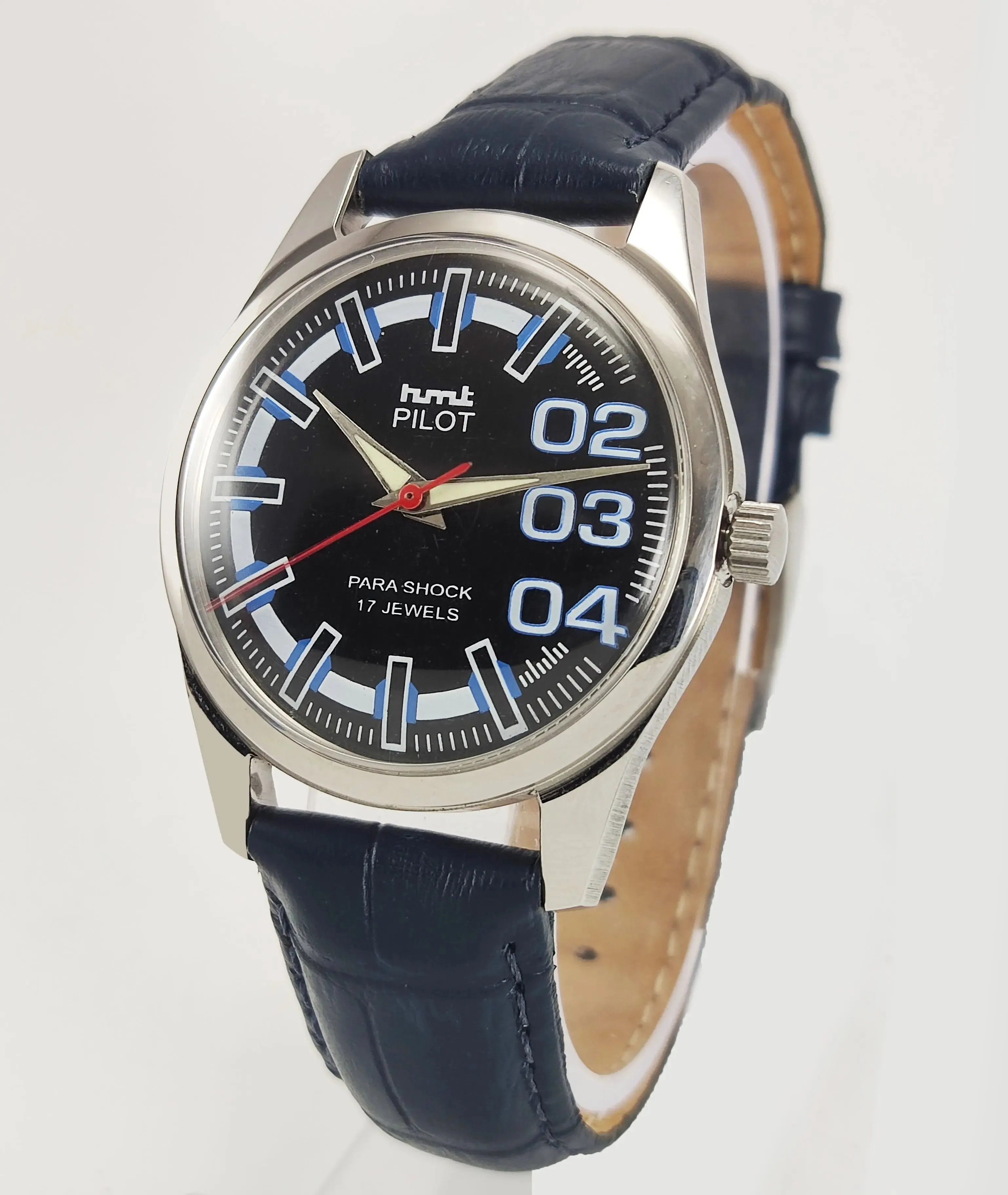 HMT Pilot Para Shock 17 Jewels Black Dial Radium Hands Transparent Back Mechanical Hand winding Men's Wrist Watch