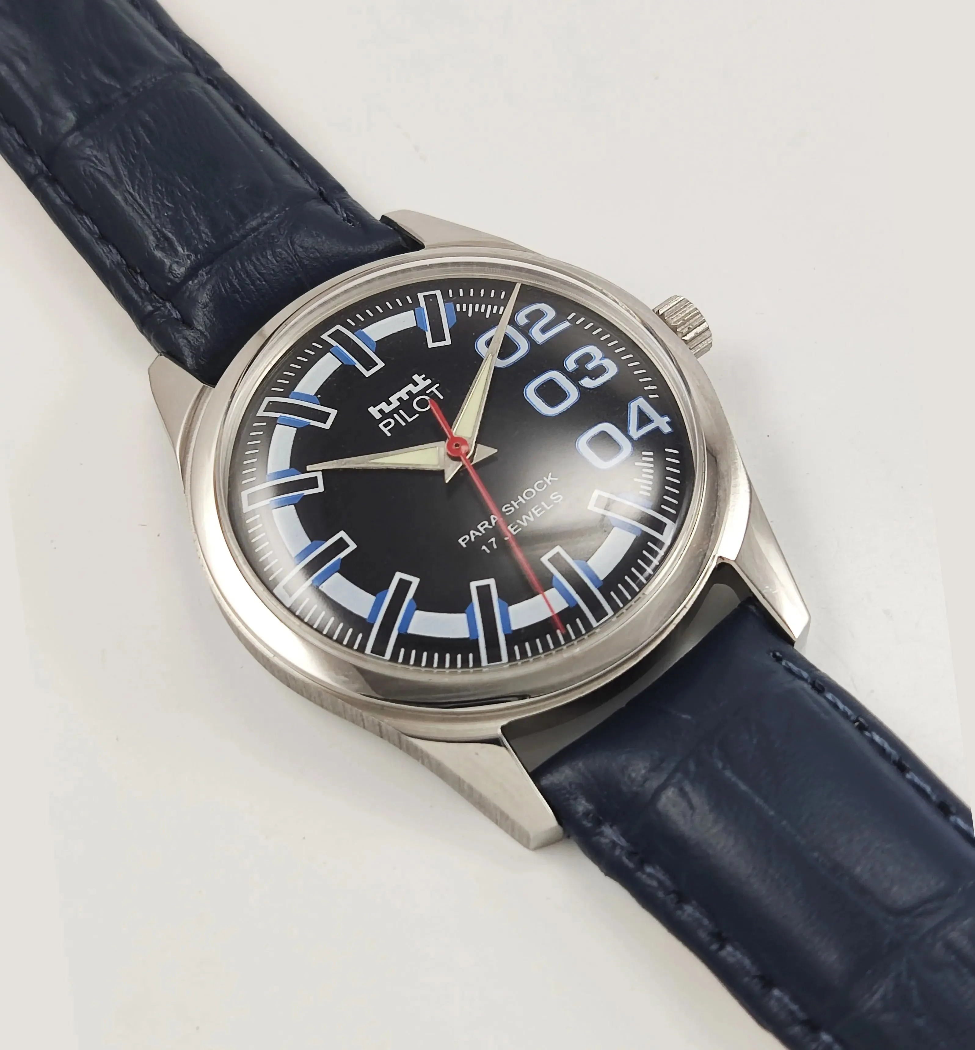 HMT Pilot Para Shock 17 Jewels Black Dial Radium Hands Transparent Back Mechanical Hand winding Men's Wrist Watch