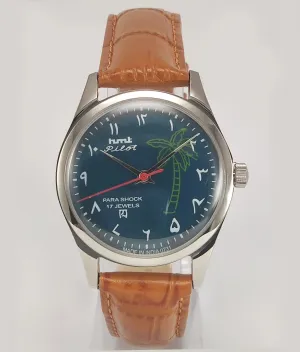 HMT Pilot Para Shock 17 Jewels Green Urdu / Arabic Dial Transparent Back Mechanical Hand winding Men's Wrist Watch