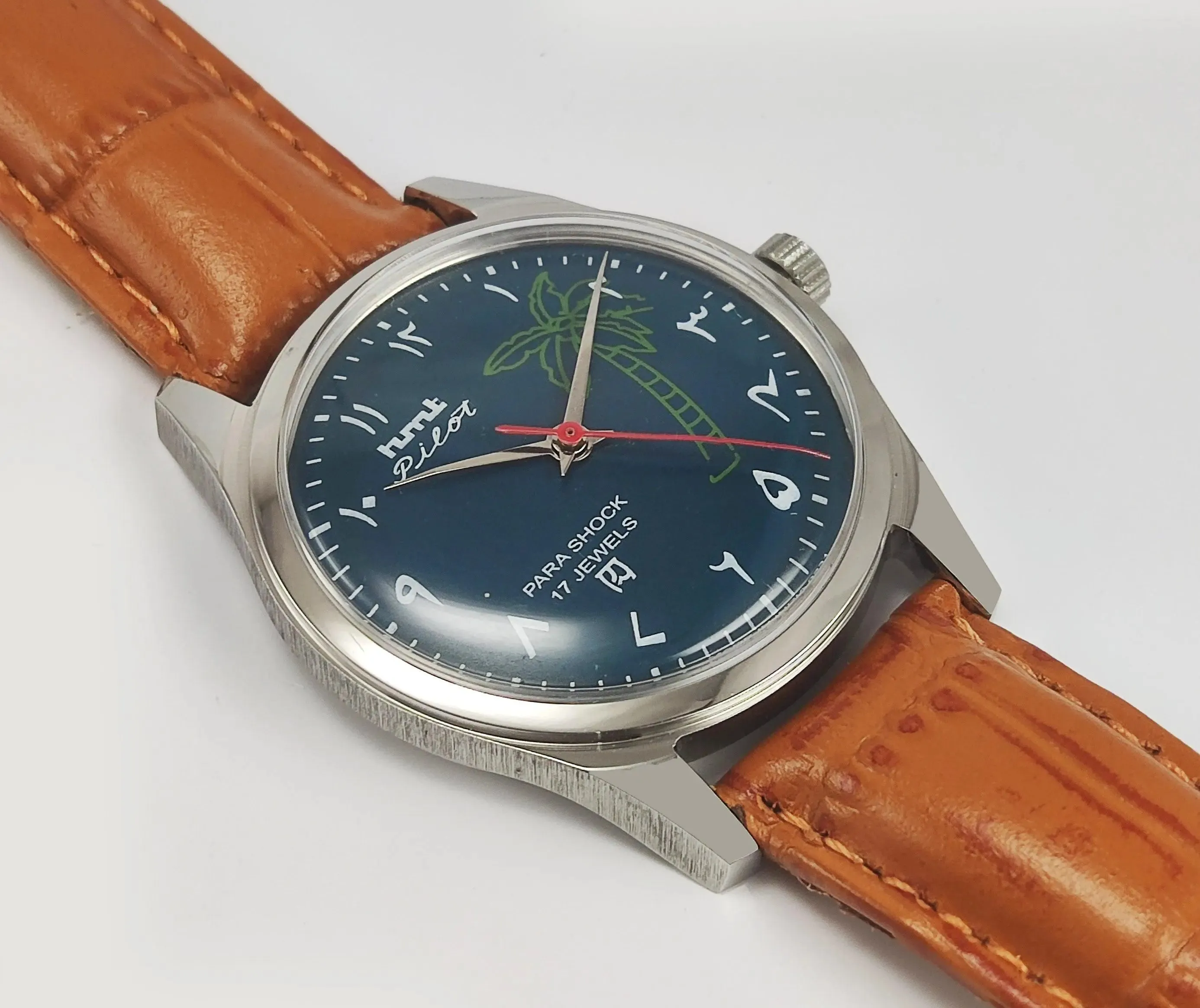 HMT Pilot Para Shock 17 Jewels Green Urdu / Arabic Dial Transparent Back Mechanical Hand winding Men's Wrist Watch